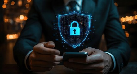 Businessman in suit interacting with smartphone under glow of digital secure lock shield symbolizing cybersecurity protection and data privacy