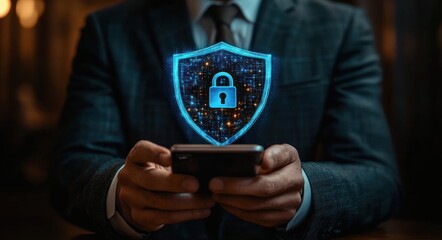 Businessman holding smartphone with glowing digital shield and locked padlock symbol representing cybersecurity and data protection
