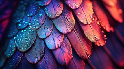 Close-up of iridescent bird feathers displaying vibrant colors of blue, purple, and orange with small water droplets reflecting light