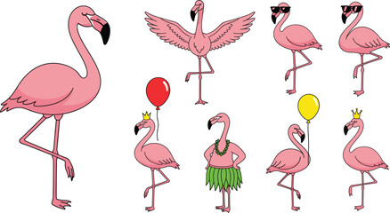 Cute flamingo character vector set featuring playful poses, accessories, balloons, crowns and fun tropical illustration elements for designs