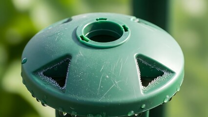 Green Garden Irrigation Dripper with Moisture and Textured Surface Close-up