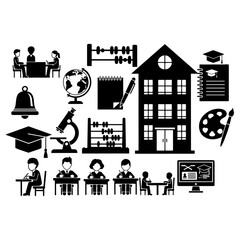 concept of school, building, students in class room, silhouette pack