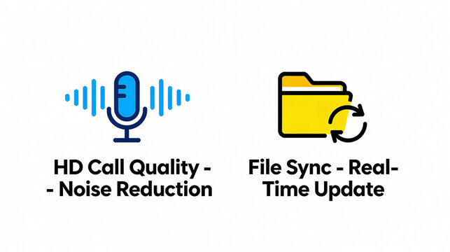 High definition call noise reduction and real-time file synchronization elements represent the tool functions of clear calls and timely file updates, suitable for software materials.
