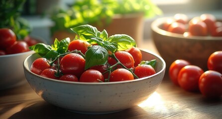 Fresh ripe cherry tomatoes with green basil leaves in a white bowl on wooden table with natural sunlight creating a warm and fresh atmosphere