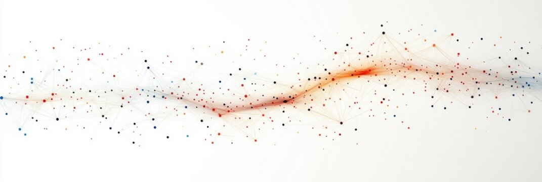 Abstract network of interconnected colorful dots and thin lines forming a flowing wave pattern on a white background - Powered by Adobe