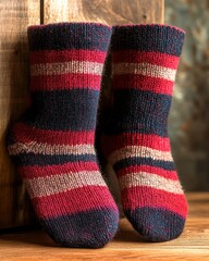 Pair of cozy knitted socks with horizontal red, navy blue, and beige stripes standing upright on wooden surface and wooden background, warm and homey atmosphere
