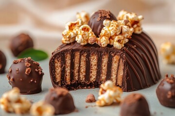 Sliced chocolate dessert with crunchy caramel popcorn on top and round chocolate truffles around, close-up view of rich textured treat