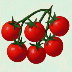 A cluster of six ripe red tomatoes attached to green stems isolated on a light background, showing vibrant colors and freshness