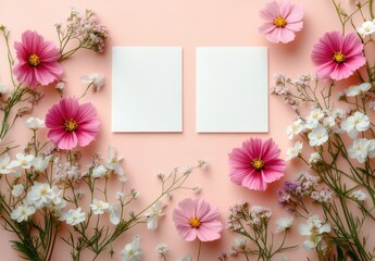 Two blank white square cards surrounded by pink and white flowers on pale peach background, evoking a fresh and delicate springtime mood