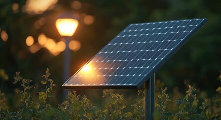 Solar panel reflecting warm sunset light surrounded by green plants with soft glowing outdoor lamp in the background