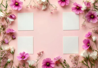Arrangement of white square cards surrounded by fresh pink and white flowers on a soft pink background creating a delicate and cheerful springtime mood