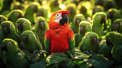 Bright red and orange parrot standing out among a group of green parrots perched on leaves with soft sunlight in the background