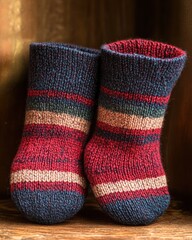Pair of cozy knitted wool socks with red, blue, beige, and green stripes standing upright on wooden surface evoking warmth and comfort