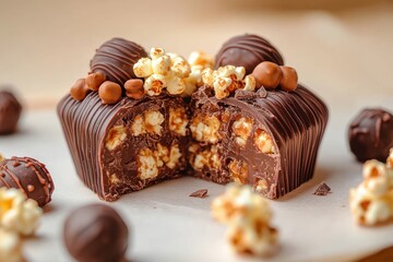 Close-up view of chocolate-covered popcorn confection cut in half with chocolate truffles and popcorn pieces scattered around, showcasing rich textures and indulgence