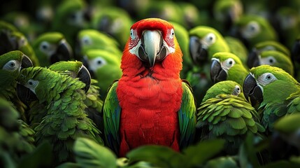 Vibrant red parrot standing out prominently among a large group of green parrots with dense feathers in a natural setting