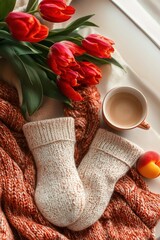 Cozy setting with cream knitted wool socks placed on burnt orange sweater next to a cup of coffee, fresh red tulips, and a ripe apricot on a white surface