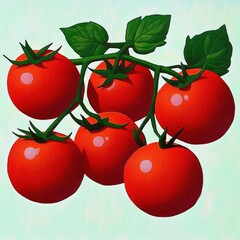 Close-up view of a cluster of six ripe red tomatoes attached to green stems and leaves against a light background