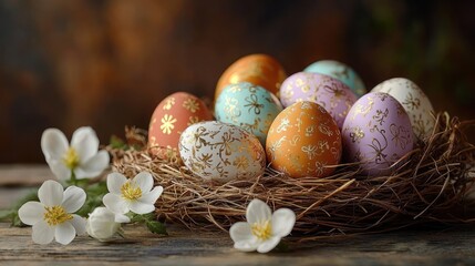 Colorful decorated eggs with gold floral patterns arranged in a natural twig nest surrounded by white flowers on a wooden surface