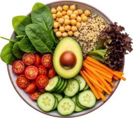 A colorful bowl of salad featuring sliced avocado cherry tomatoes quinoa chickpeas spinach cucumber sticks and lettuce Healthy food Fresh Vegetarian Organic