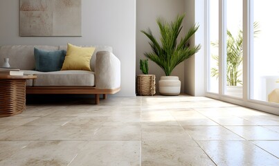 An interior shot of a modest Central American living room. Clean ceramic tile floor, simple furniture arrangement