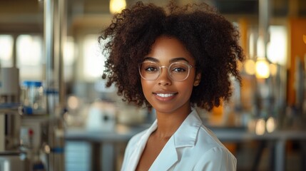 Fototapeta premium smiling young woman with curly hair and glasses wearing a white lab coat in a bright laboratory setting expressing confidence and friendliness