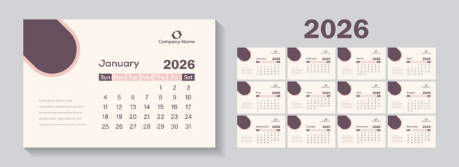 Clean and simple 2026 calendar design. Week starts on Sunday. 12 months calendar in minimal layout clip art collection.