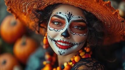 Close-up portrait of a woman with vibrant sugar skull face paint wearing an orange woven hat and colorful beaded necklace surrounded by pumpkins, smiling warmly