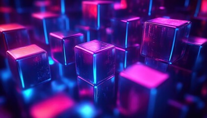 Glowing translucent cubes illuminated by vibrant pink and blue neon lights creating a futuristic and dynamic abstract scene