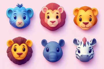 Fototapeta premium Colorful and cute cartoon animal faces including various lions, a blue bear, a blue elephant, and a zebra with a pink background