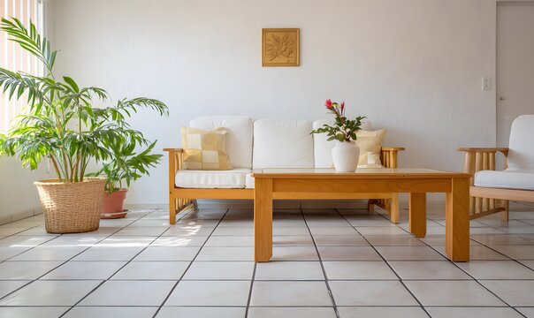 An interior shot of a modest Central American living room. Clean ceramic tile floor, simple furniture arrangement
