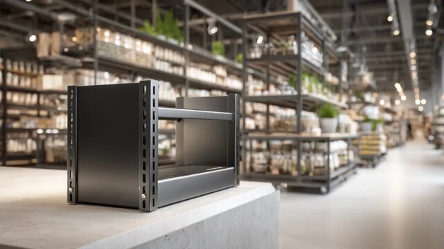 Metal point of sale display captured in medium shot featuring industrial design and durability supporting heavy items in a modern retail aisle with minimalistic decor.