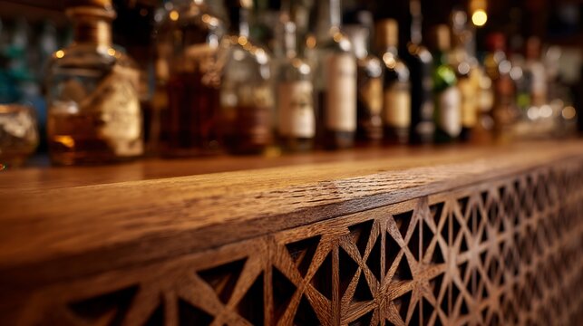 Row of assorted alcoholic bottles on bar counter.