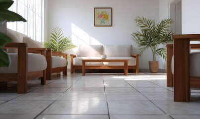 An interior shot of a modest Central American living room. Clean ceramic tile floor, simple furniture arrangement