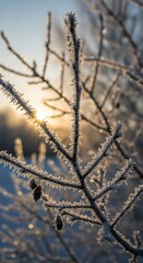 Close up of frosted branches with sunlight in a cold winter landscape