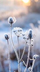 Frozen wildflowers at sunrise glow with frost against a pastel, blurred winter background
