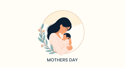 Beautiful Mother's Day illustration showing a loving mother holding her newborn baby, framed by a floral and circular design element.