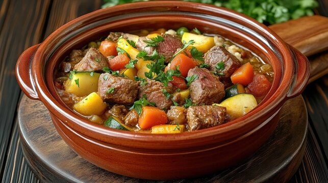 Hearty beef stew with chunks of tender meat, carrots, potatoes, zucchini, and fresh parsley in a rustic brown ceramic bowl on a wooden surface