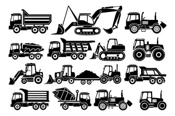 Collection of various heavy machinery and trucks in black silhouette on © Masud Crafts