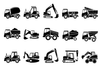 Collection of various construction vehicles and machinery icons in black silhouette © Masud Crafts