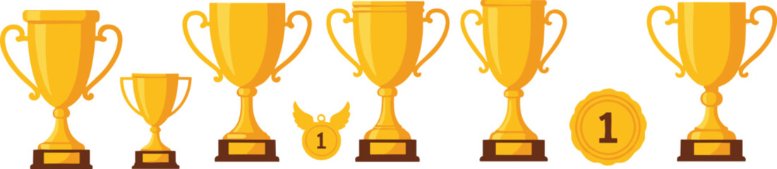 Golden trophy and award vector set featuring championship cups, medals, victory symbols and achievement illustration elements for sports designs