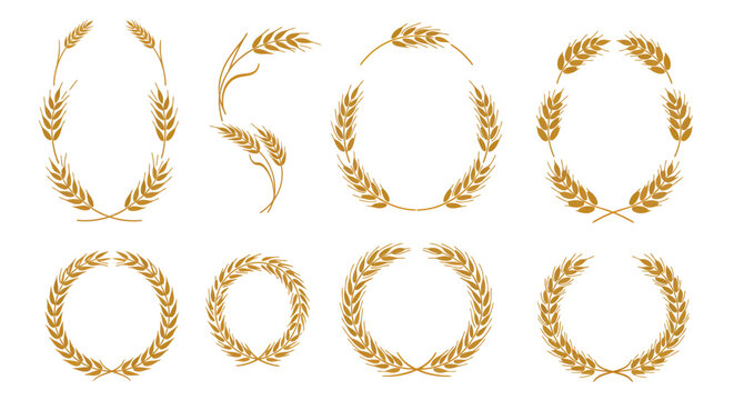 Collection of golden wheat wreaths and individual stalks, perfect for harvest or bakery designs.