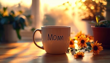 A white ceramic cup with the word mom on it placed on a wooden table surrounded by yellow flowers and potted plants bathed in warm natural sunlight