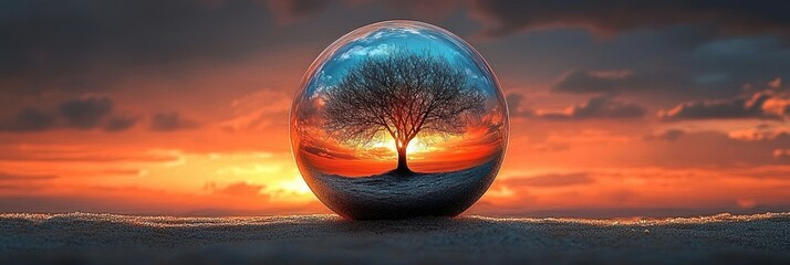 Silhouetted bare tree captured inside a reflective glass sphere with a vivid orange and blue sunset sky in the background conveying tranquility and wonder