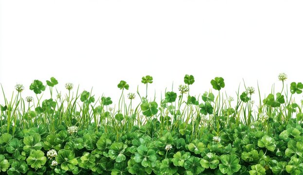 Lush Green Clover Field with Delicate White Flowers Under Bright Daylight Against a Clean White Background