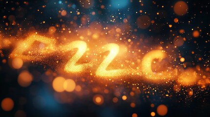 Glowing particles forming a 3D illuminated text of a chemical formula with vibrant orange and blue bokeh lights creating a dynamic and energetic atmosphere
