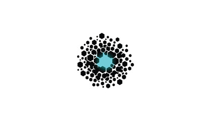 Teal Star Surrounded by Black Dots on White Background