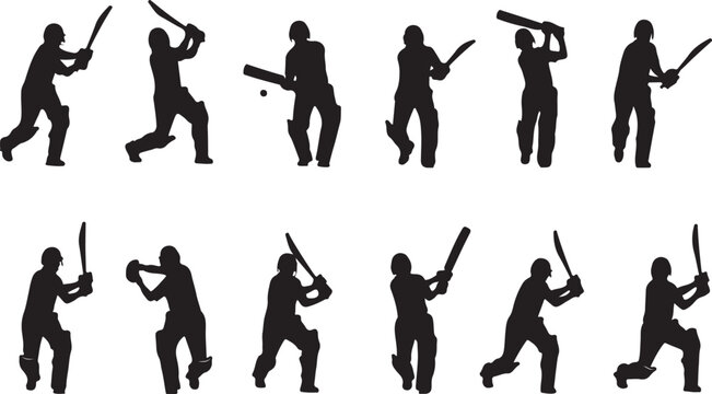 Collection of cricket batsman silhouette illustrating various batting shorts and technic 