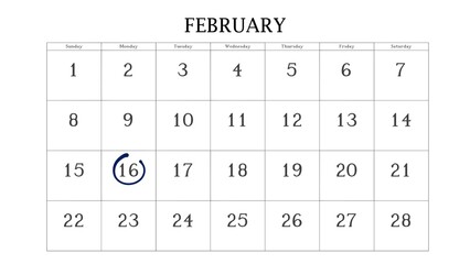 Marking the 16 February date on the calendar with a circle