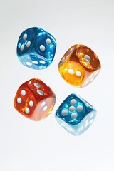 Four translucent dice in various colors (blue, orange, red) hover in mid-air