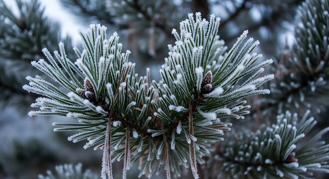 Close up of frosted evergreen needles under overcast sky during winter - Powered by Adobe